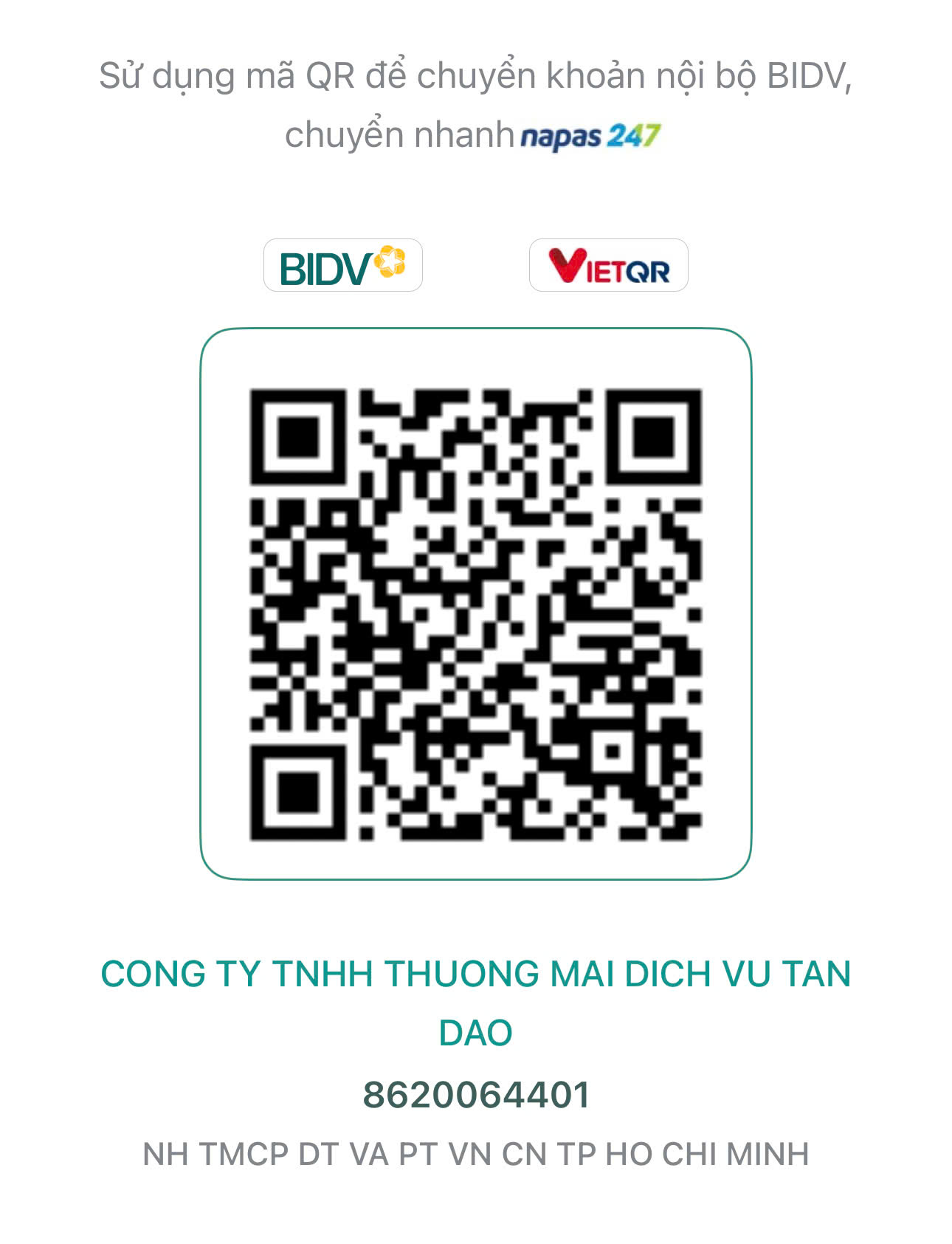 Mã QR chuyển khoản BIDV — Công ty TNHH Thương mại Dịch vụ Tấn Đào
